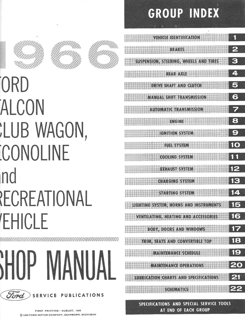 1966 Ford Falcon Club Wagon, Econoline and Recreational Vehicle Factory OEM Shop Repair Maintenance Service Manual