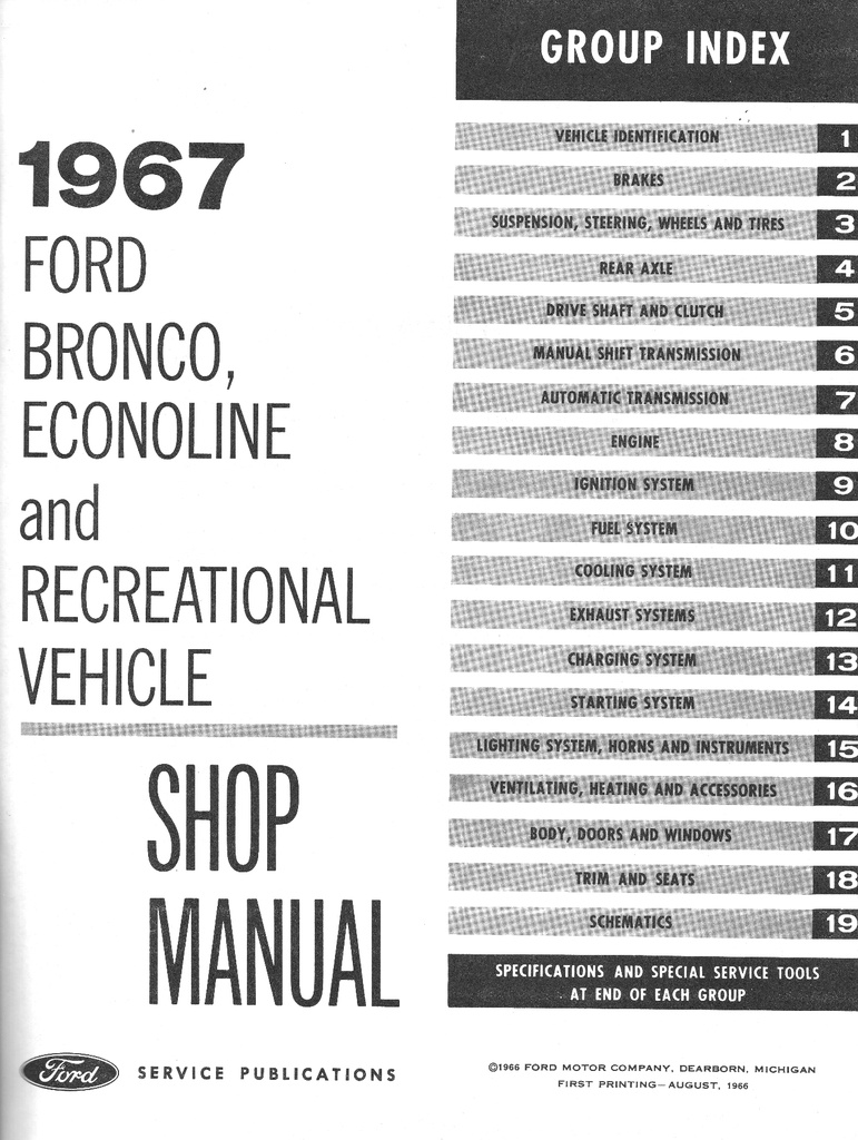 1967 Ford Bronco, Falcon Club Wagon, Econoline and Recreational Vehicle Factory OEM Shop Repair Maintenance Service Manual