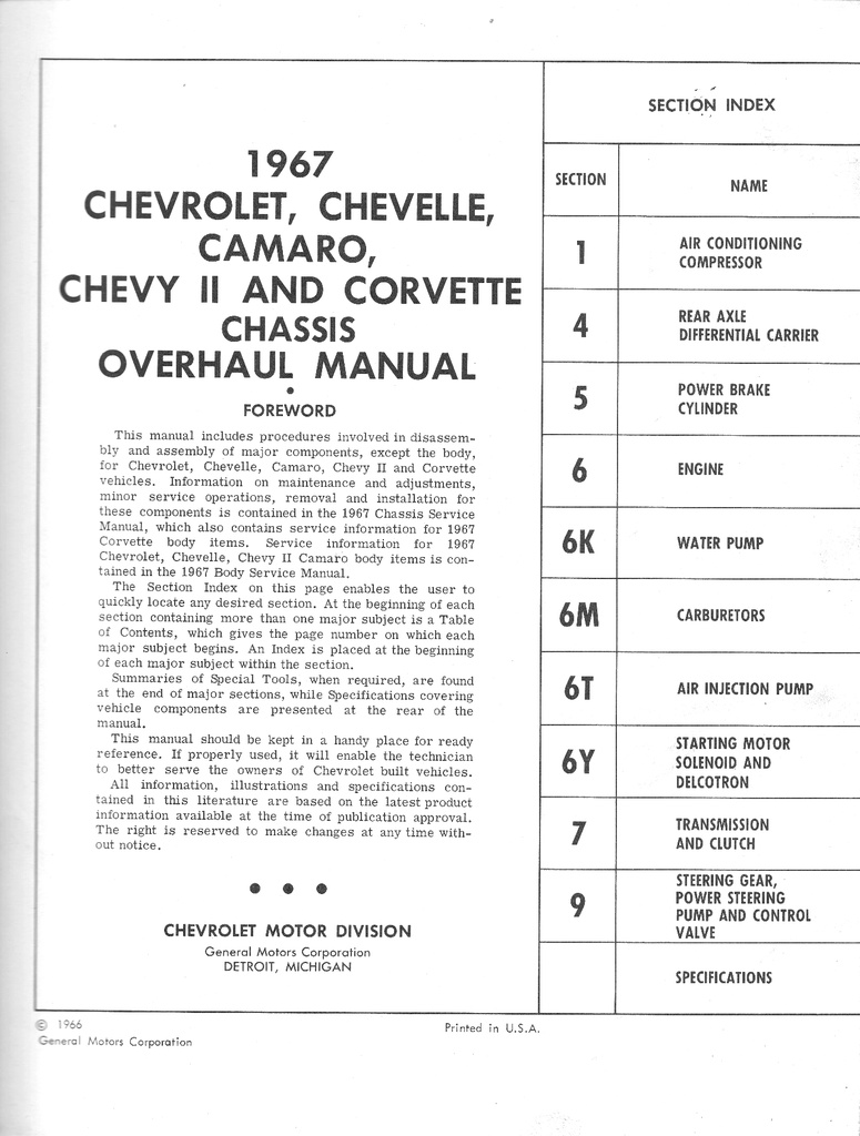 1967 Chevrolet Camaro Chevelle Chevy II Corvette Chassis Overhaul Manual