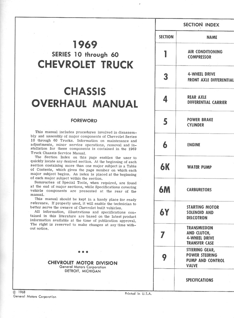 1969 Chevrolet C/K Pickup Van Blazer Suburban 10-60 Truck Chassis Overhaul Manual