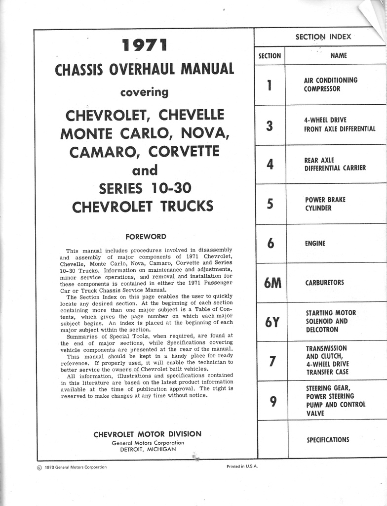 1971 Chevrolet Light Truck 10-30 Series and Passenger Car Chassis Overhaul Manual