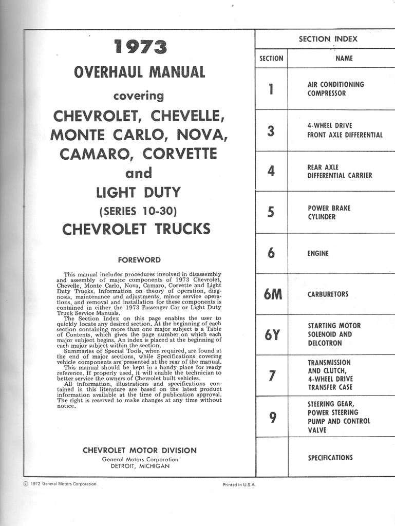 1973 Chevrolet Light Truck 10-30 Series and Passenger Car Overhaul Manual