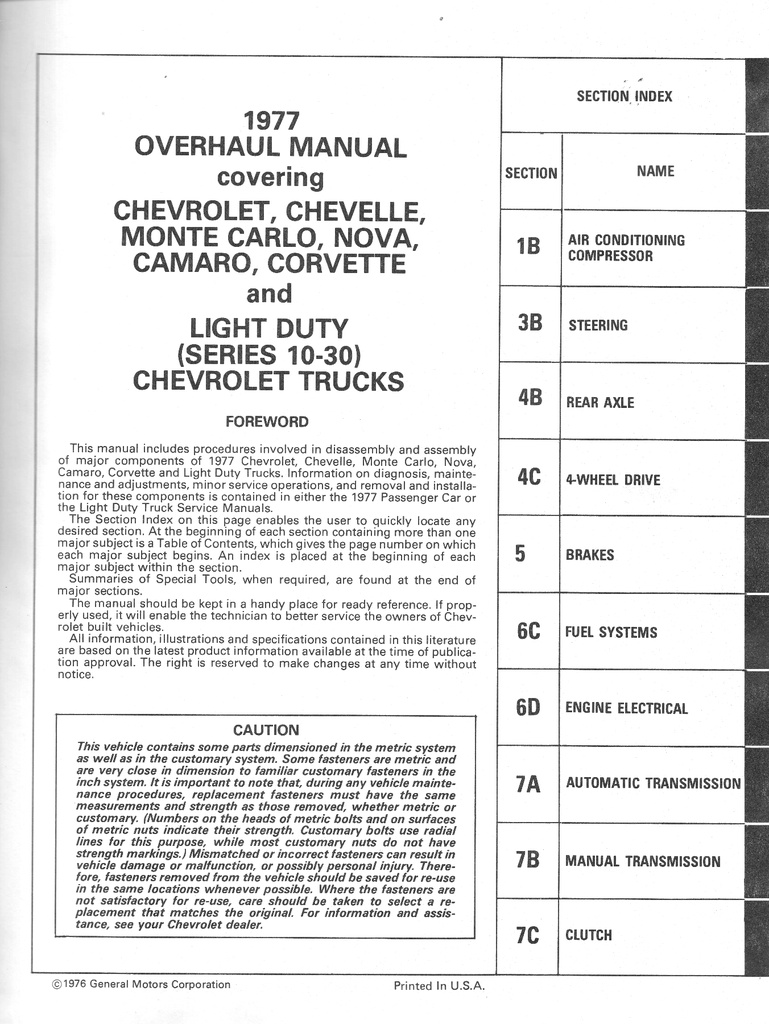 1977 Chevrolet Passenger Cars & Light Truck 10-30 Series Unit Repair (Overhaul) Manual