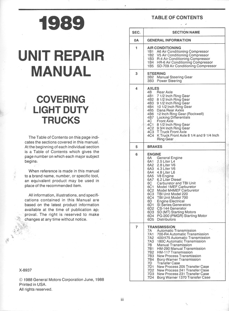 1989 GMC Light Duty Truck Series 10-35 Unit Repair Shop Service Manual for C/K Pickup, Suburban, Jimmy, G Van, M Van, P Van/Truck, S-10