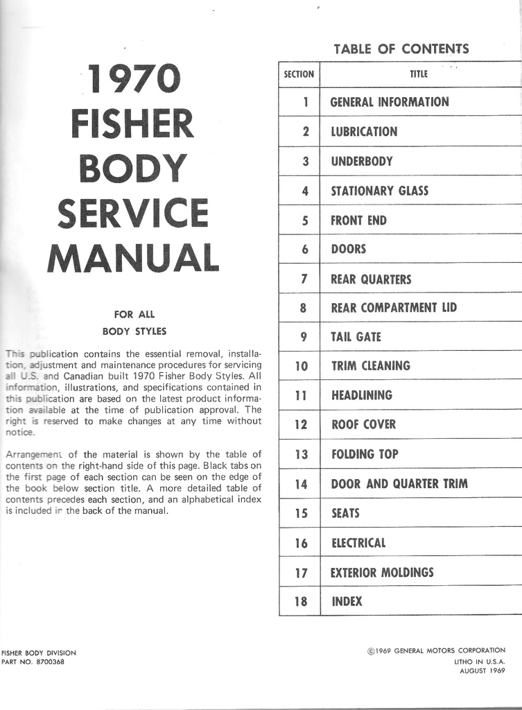 1970 Fisher Body Service Manual for all Chevrolet, Cadillac, Buick, Oldsmobile, and Pontiac Car Models