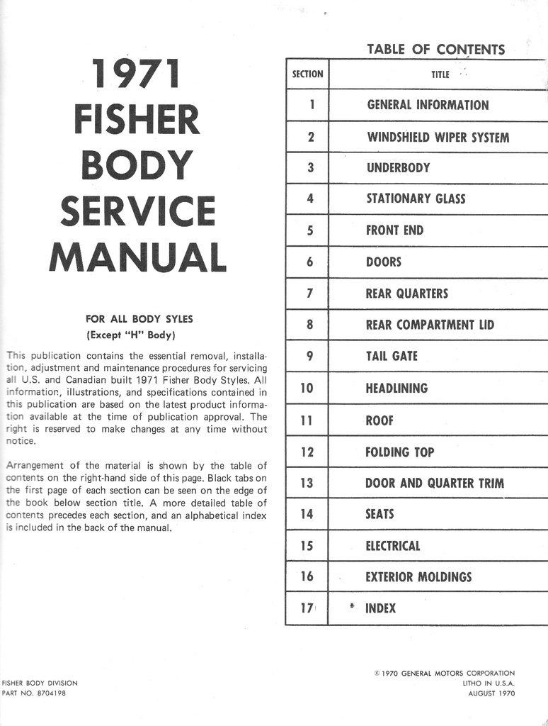 1971 Fisher Body Service Manual for all Acadian, Chevrolet, Cadillac, Buick, Oldsmobile, and Pontiac Car Models