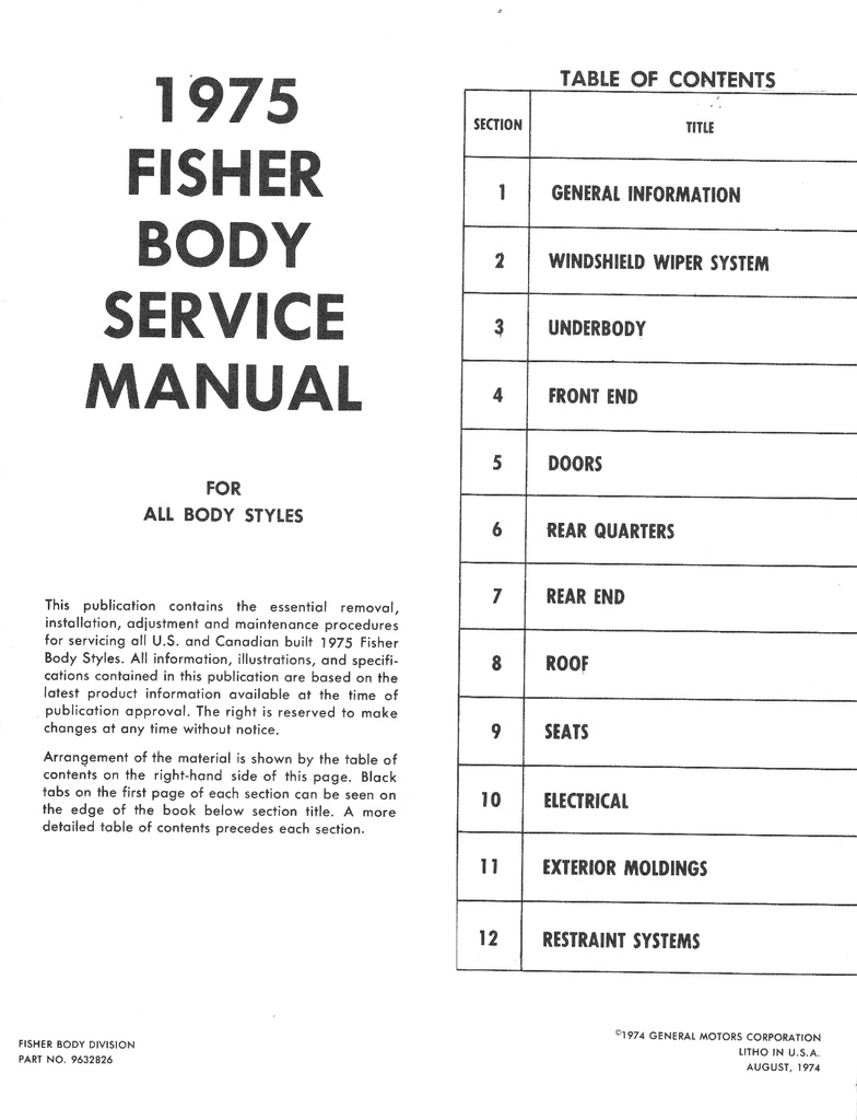 1975 Fisher Body Service Manual for all Chevrolet, Cadillac, Buick, Oldsmobile, Pontiac, and GMC Car Models