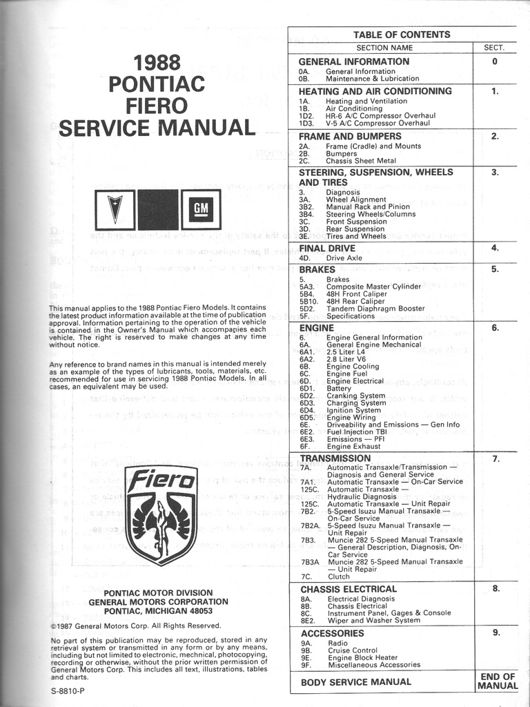 1988 Pontiac Fiero Factory OEM Shop Service Repair Manual