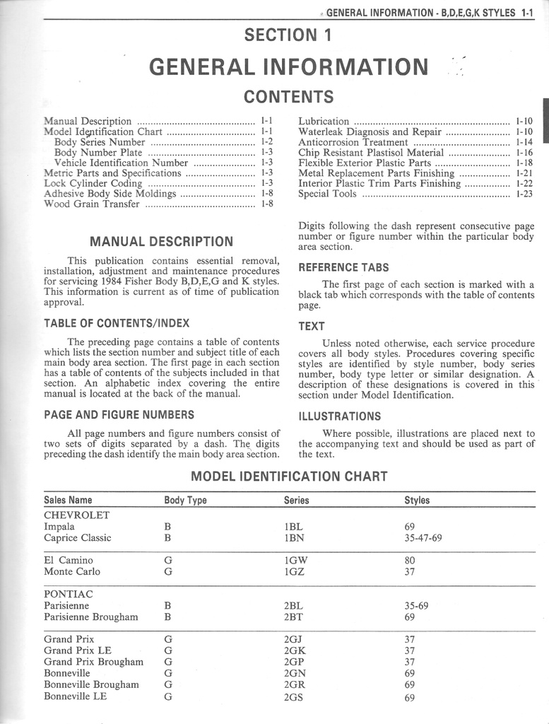 1984 Fisher Body B C D E G K Service Manual for Chevrolet, Cadillac, Buick, Oldsmobile, Pontiac, and GMC Car Models