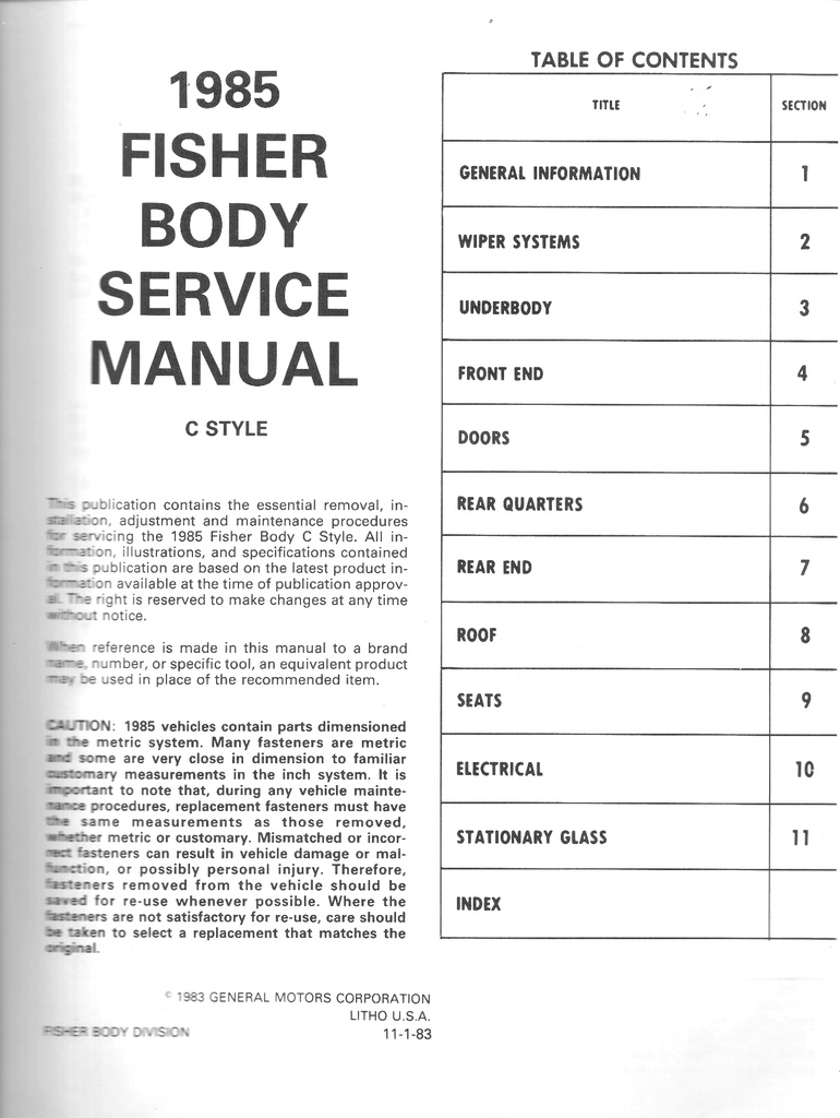 1985 Fisher Body C Style Service Manual for Cadillac, Buick, and Oldsmobile Car Models