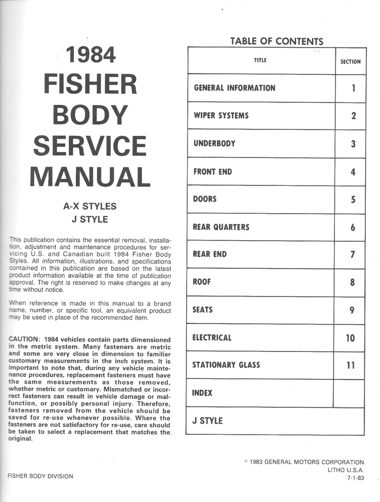 1984 Fisher Body A-X and J Styles Service Manual for Chevrolet, Cadillac, Buick, Oldsmobile, and Pontiac Car Models