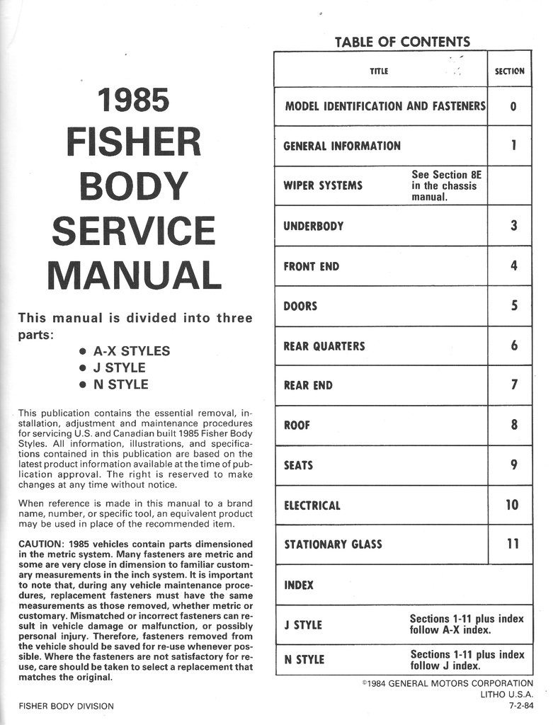 1985 Fisher Body A-X, J, and N Styles Service Manual for Chevrolet, Cadillac, Buick, Oldsmobile, and Pontiac Car Models
