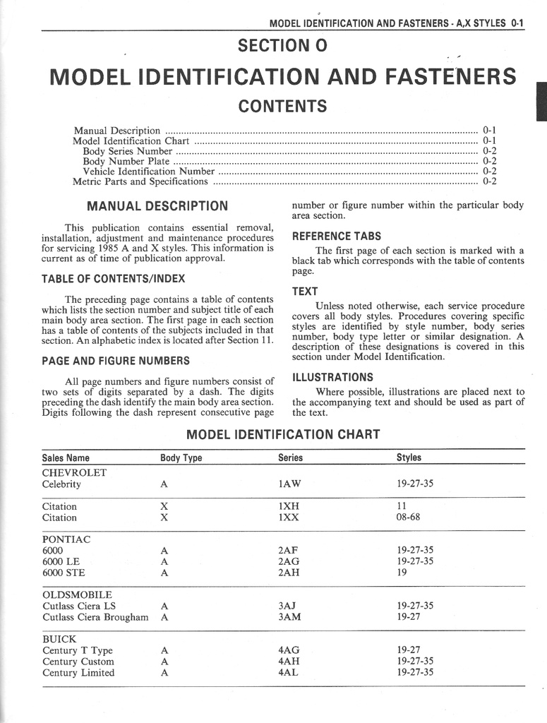 1985 Fisher Body A-X, J, and N Styles Service Manual for Chevrolet, Cadillac, Buick, Oldsmobile, and Pontiac Car Models