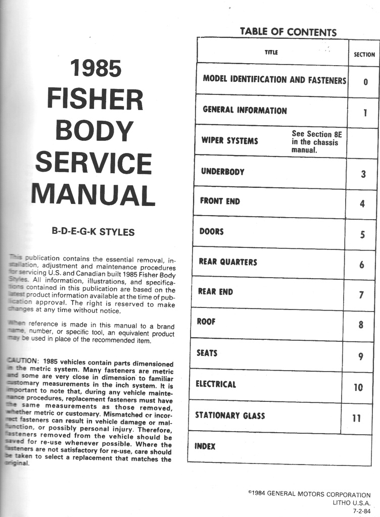 1985 Fisher Body B D E G K Service Manual for Chevrolet, Cadillac, Buick, Oldsmobile, Pontiac, and GMC Car Models