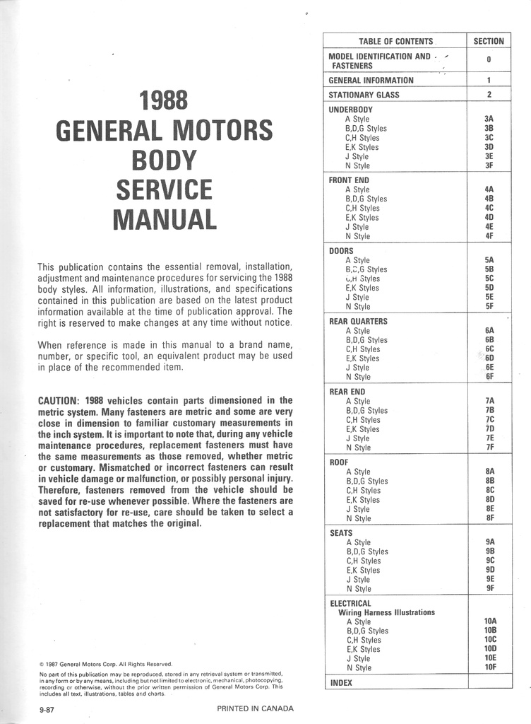 1988 Fisher Body A B C D E G H J K and N Service Manual for Cadillac, Buick, and Oldsmobile Car Models