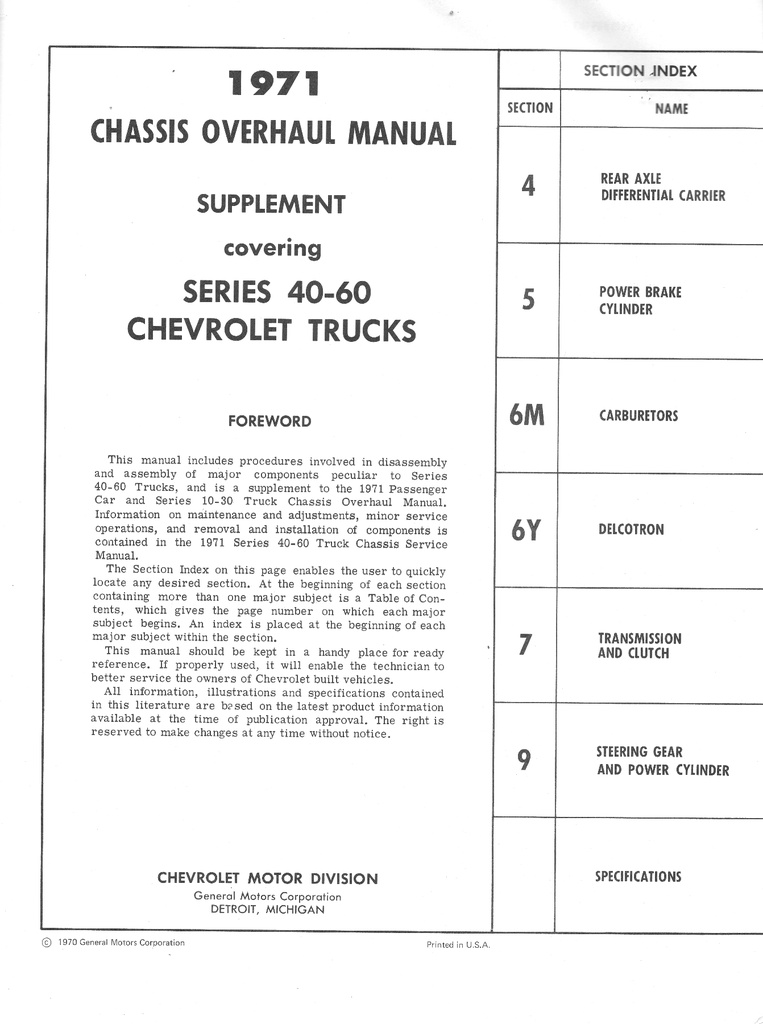 1971 Chevrolet Medium Truck 40-60 Series Chassis Overhaul Manual Supplement