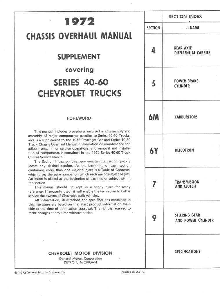1972 Chevrolet Medium Truck 40-60 Series Chassis Overhaul Manual Supplement