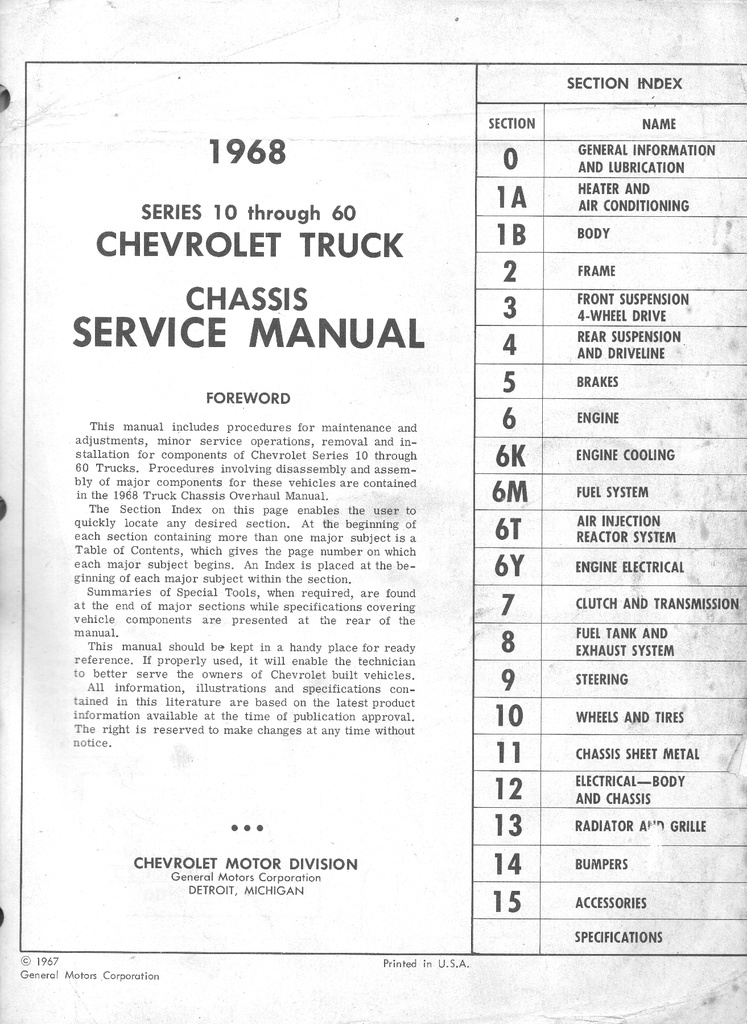 1968 Chevrolet C/K Truck Chassis Repair Maintenance Shop Service Manual Series 10-60 (Light-Duty and Medium-Duty C/K Pickup Truck, G-Van, Blazer, Suburban)