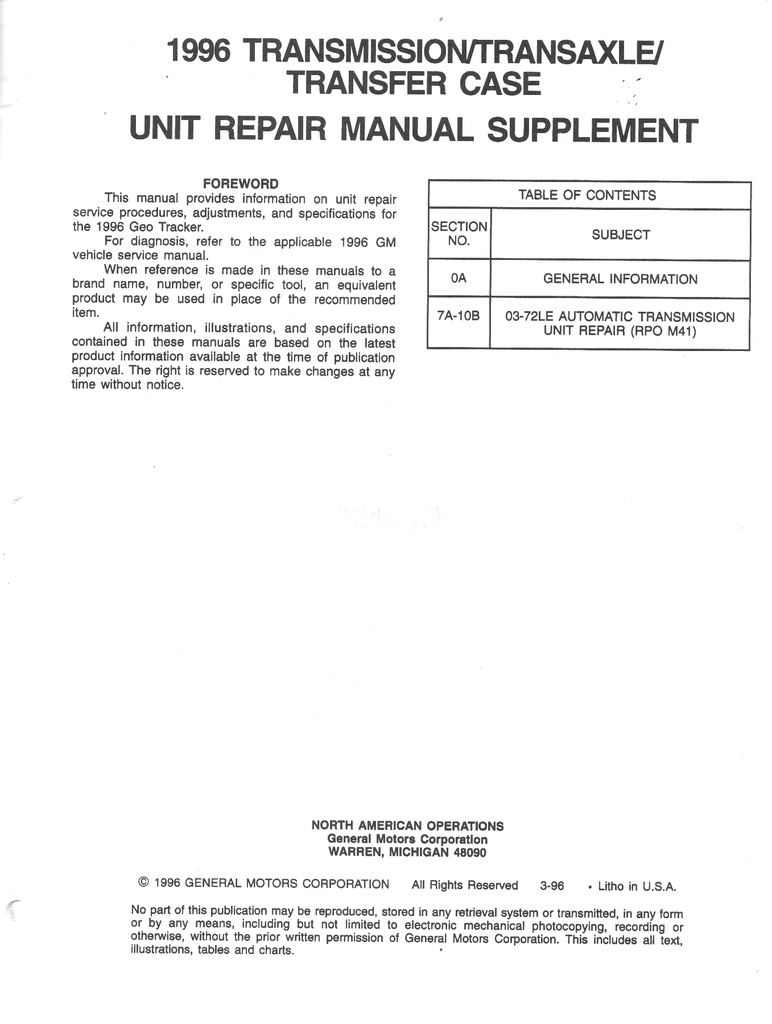 1996 GM Chevrolet/Geo/Pontiac/Buick/Cadillac/Oldsmobile/GMC Light Duty Truck & Passenger Car Transmission Transaxle Transfer Case Unit Repair Service Manual & Supplement for All Models