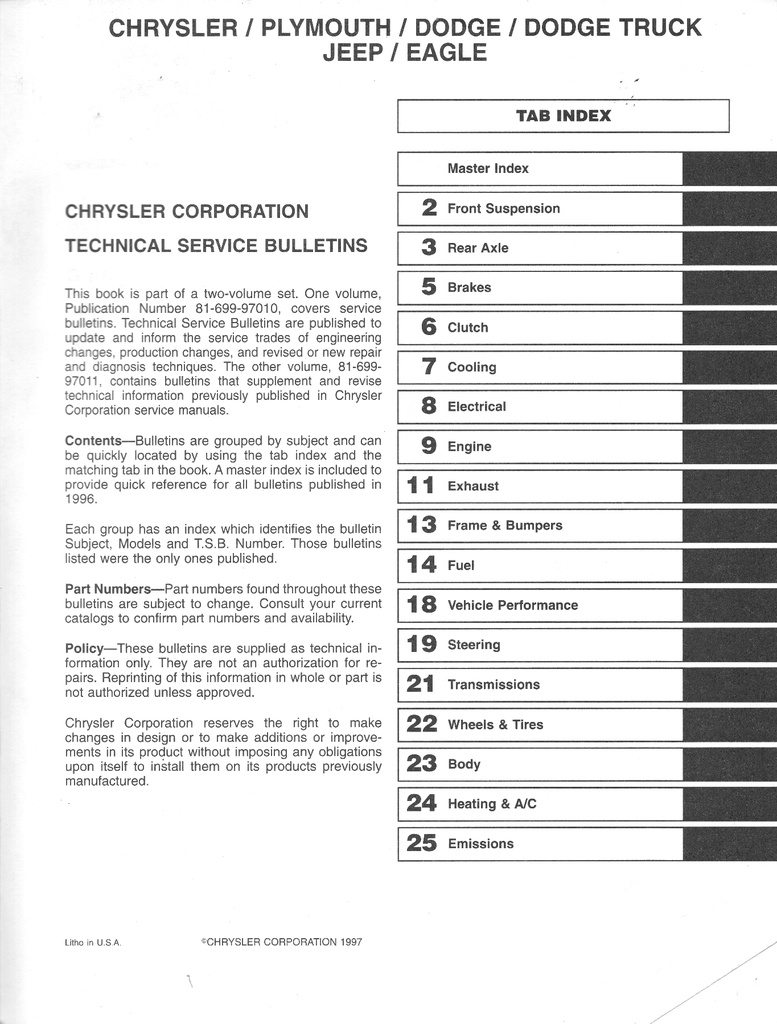 1996 Mopar Chrysler/Plymouth/Dodge/Jeep/Eagle Technical Service Bulletins & Manual Revisions 2 vol Set