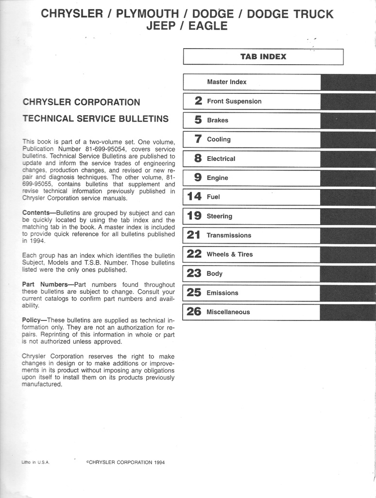 1994 Mopar Chrysler/Plymouth/Dodge/Jeep/Eagle Technical Service Bulletins & Manual Revisions 2 vol Set