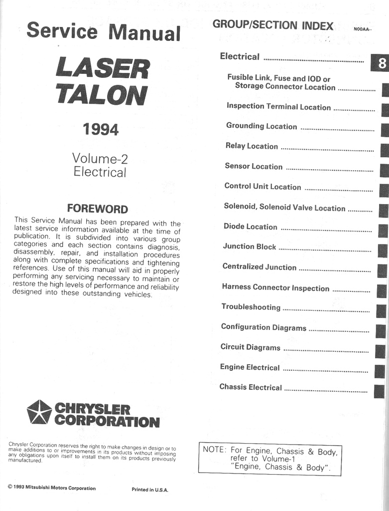1994 Plymouth Laser Eagle Talon Shop Maintenance Repair Service & Electrical Manual 2 Vol. Set