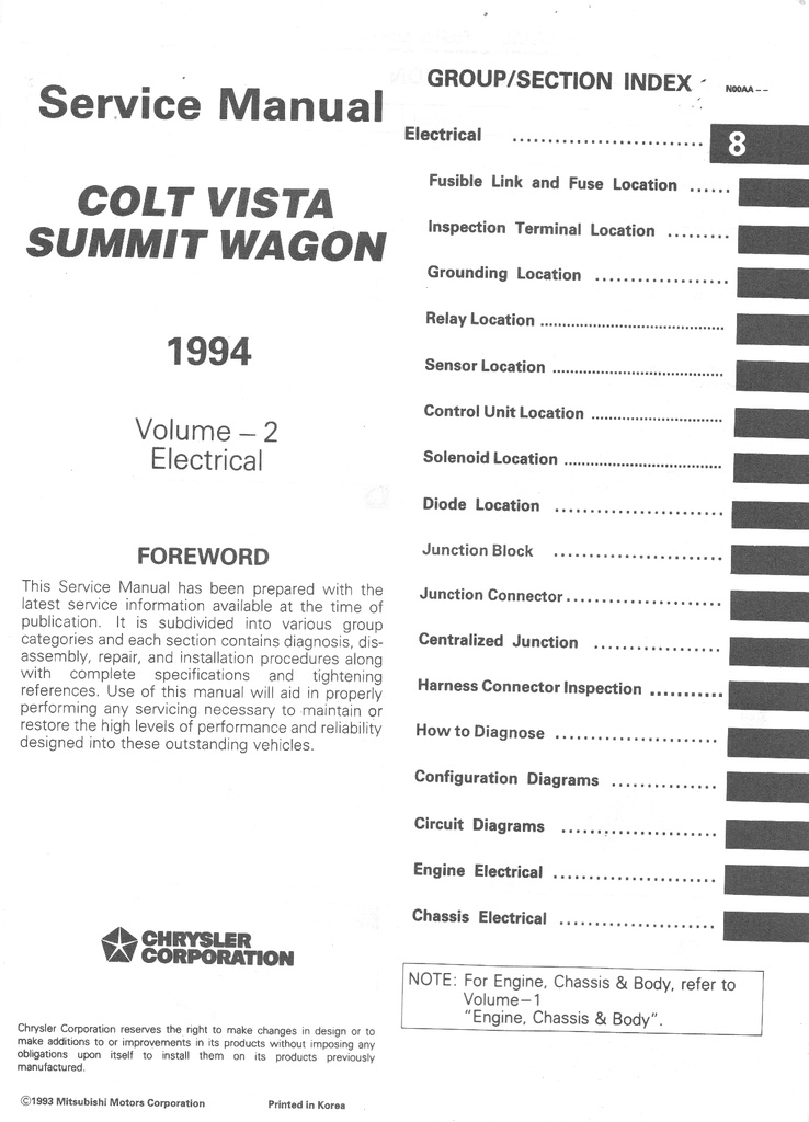 1994 Dodge/Plymouth/Eagle Colt/Summit Wagon Shop Maintenance Repair Service & Electrical Manual 2 Vol. Set