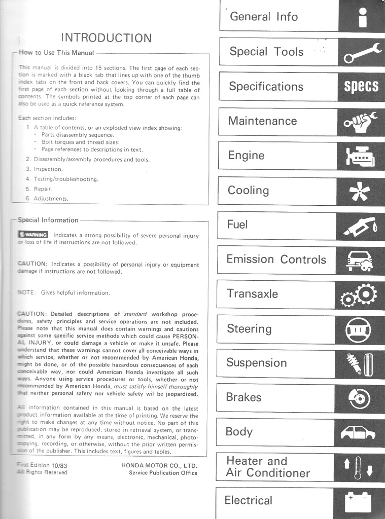 1984 Honda Civic 1.3/1.5 Shop Service Repair Maintenance Manual