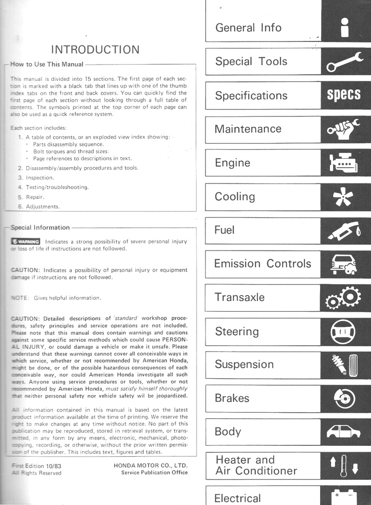 1984 Honda Accord OEM Factory Shop Repair Service Manual