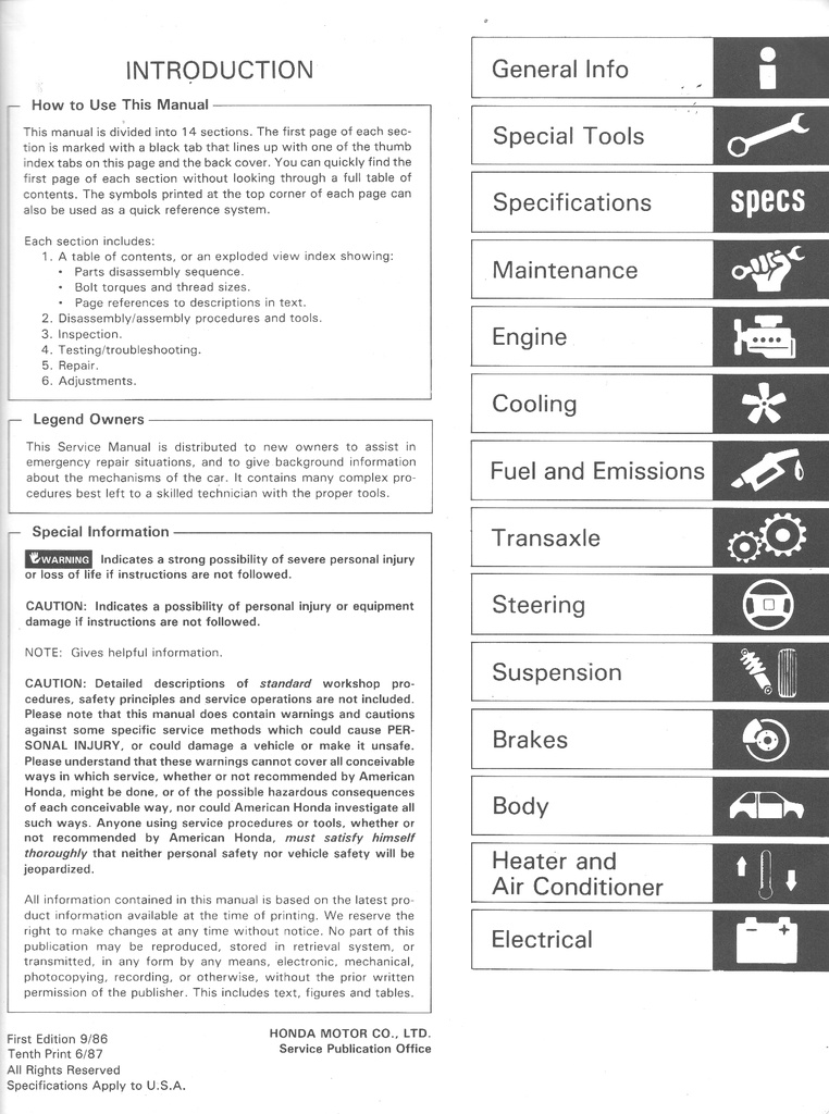1987 Acura Legend Original OEM Factory Shop Maintenance Repair Service Manual