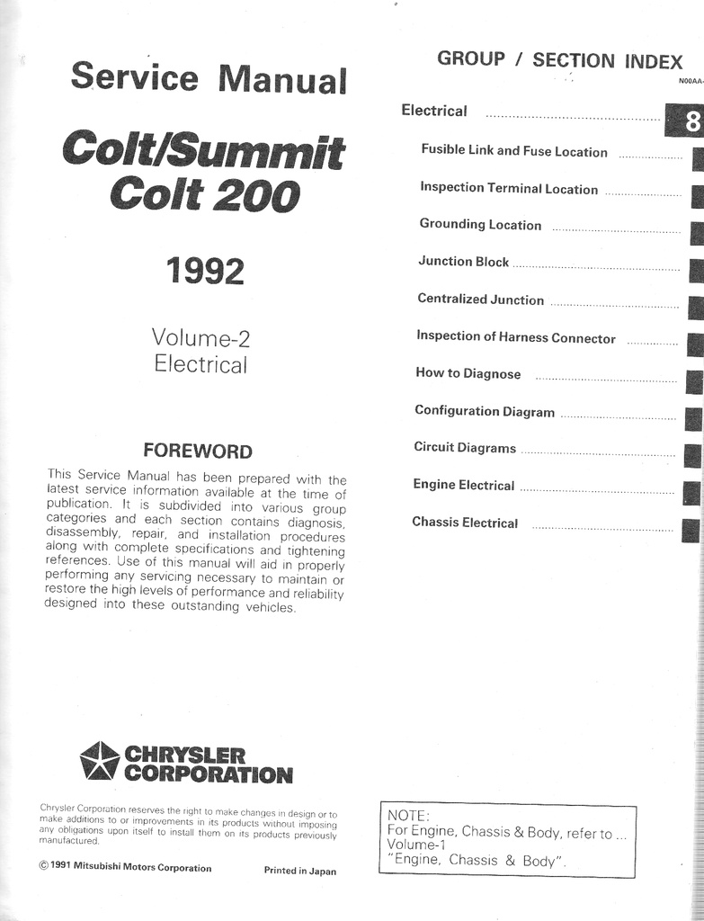 1992 Dodge/Plymouth/Eagle Colt/Summit/Colt 200 Shop Maintenance Repair Service & Electrical Manual 2 Vol. Set
