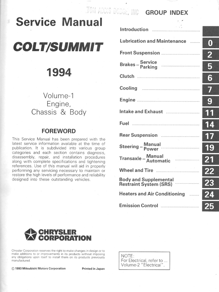 1994 Dodge/Plymouth/Eagle Colt/Summit Shop Maintenance Repair Service & Electrical Manual 2 Vol. Set