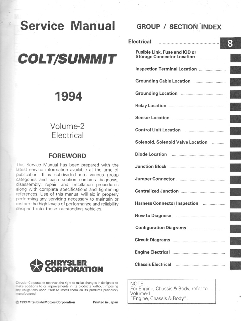 1994 Dodge/Plymouth/Eagle Colt/Summit Shop Maintenance Repair Service & Electrical Manual 2 Vol. Set