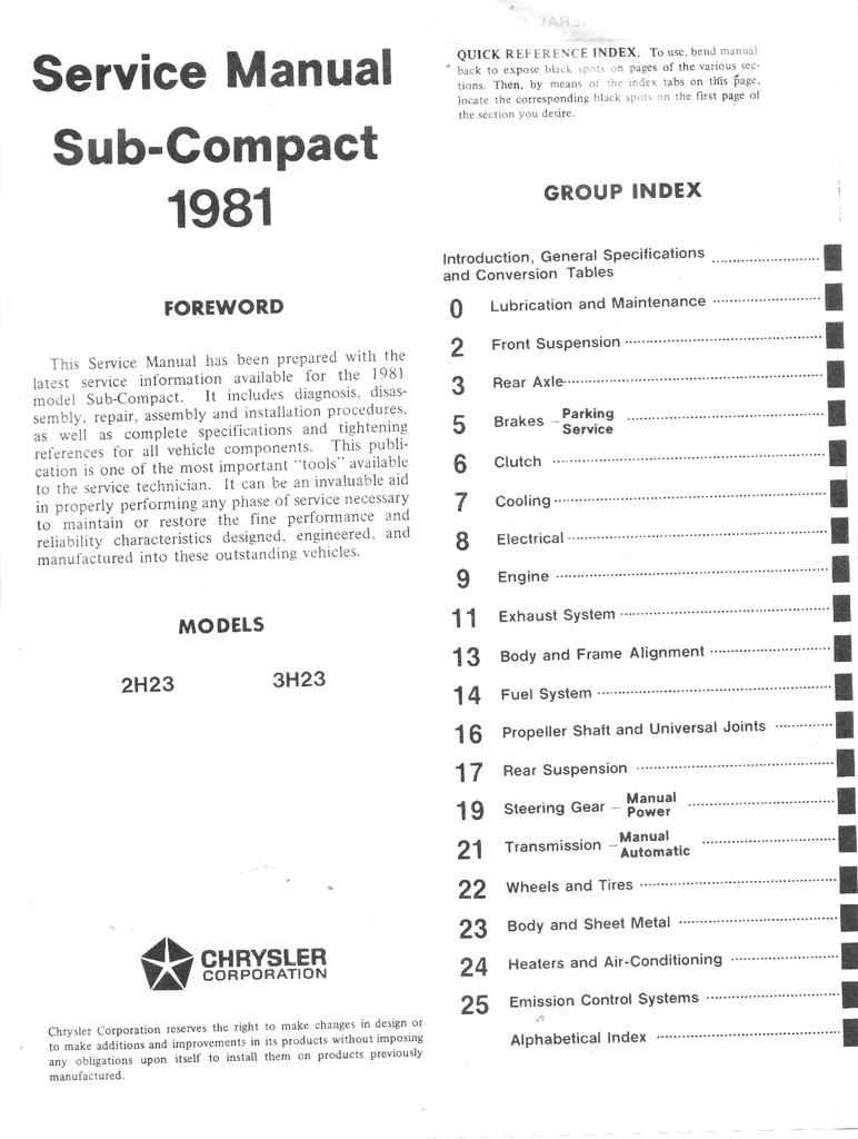1981 Dodge/Plymouth Challenger/Sapporo Shop Maintenance Repair Service Manual