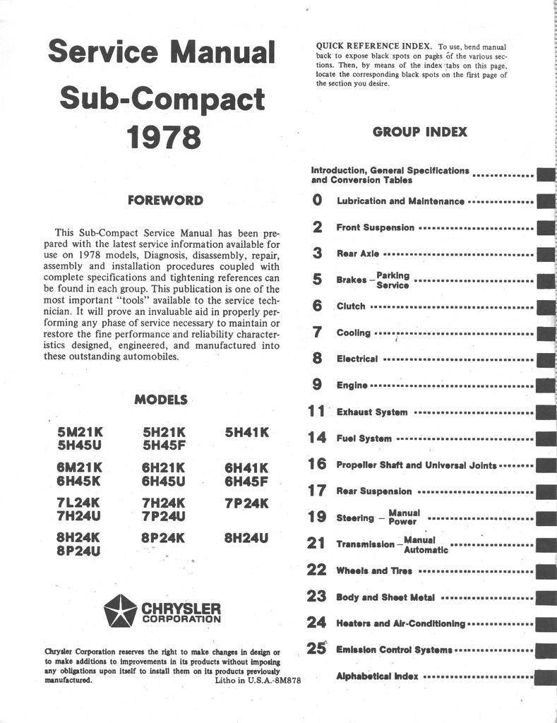 1978 Dodge/Plymouth Colt/Arrow Shop Maintenance Repair Service Manual