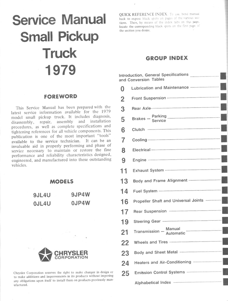 1979 Dodge D-50 and Plymouth Arrow Pickup Truck Shop Maintenance Repair Service Manual