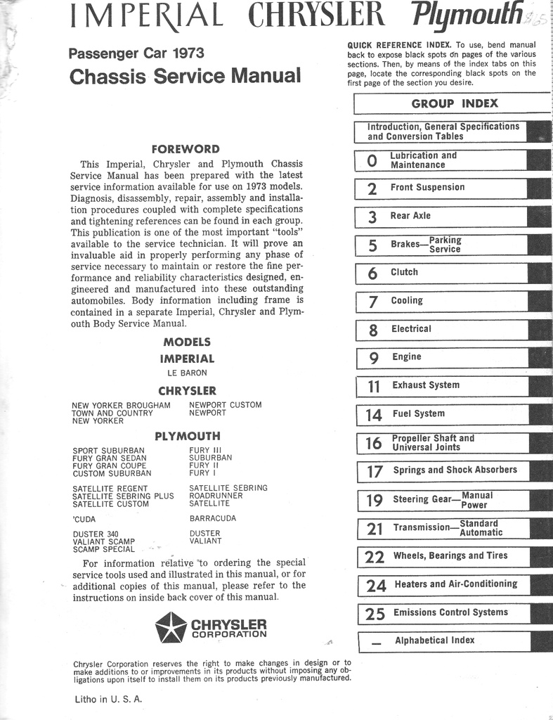 1973 Chrysler/Plymouth/Imperial Shop Repair Maintenance Service Manual Set  ’Cuda/Roadrunner/Duster/New Yorker/Newport/LeBaron/Town & Country/Scamp/Satellite/Fury/Barracuda