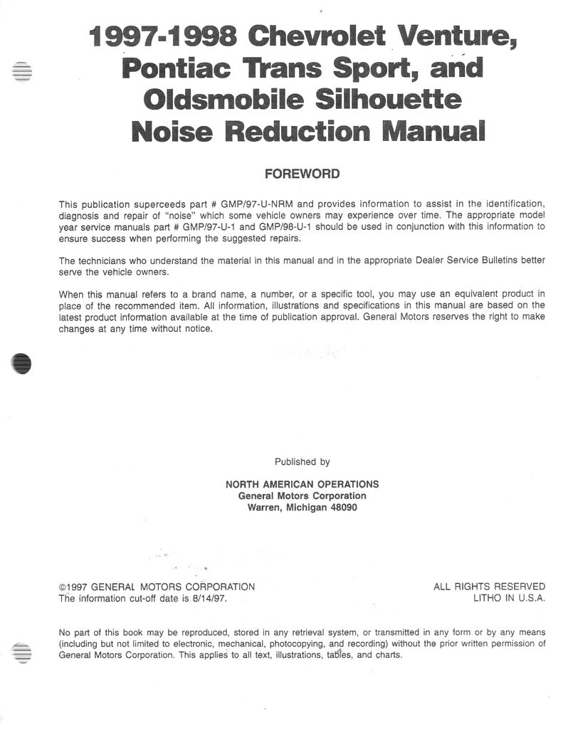 1998 Chevrolet Venture Pontiac Trans Sport Oldsmobile Silhouette Shop Repair Maintenance Service Manual Complete 4 Vol. Set