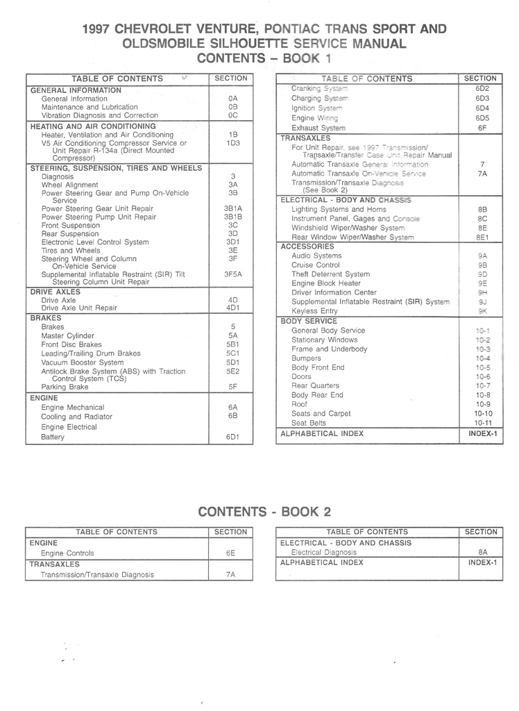 1997 Chevrolet Venture Pontiac Trans Sport Oldsmobile Silhouette Shop Repair Maintenance Service Manual Complete 2 Vol. Set