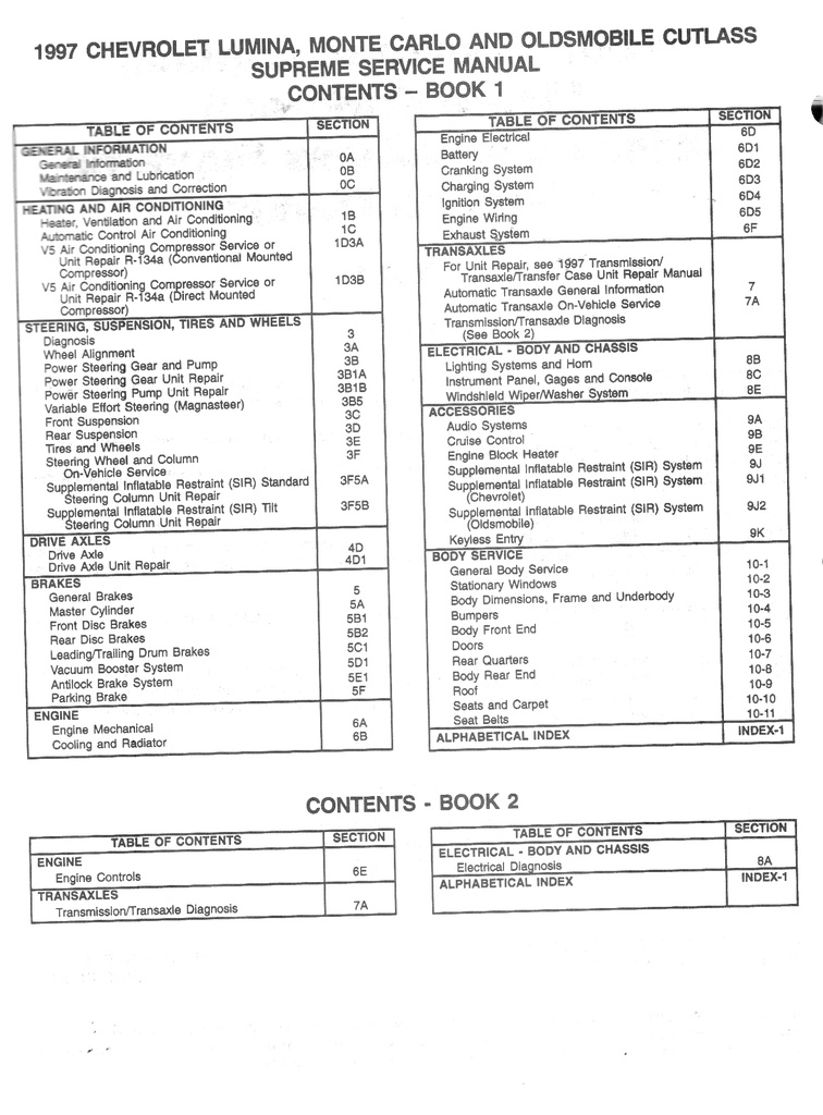 1997 Chevrolet/Oldsmobile Lumina Monte Carlo Cutlass Supreme W-Platform Shop Repair Maintenance Service Manual 2 Vol. Set