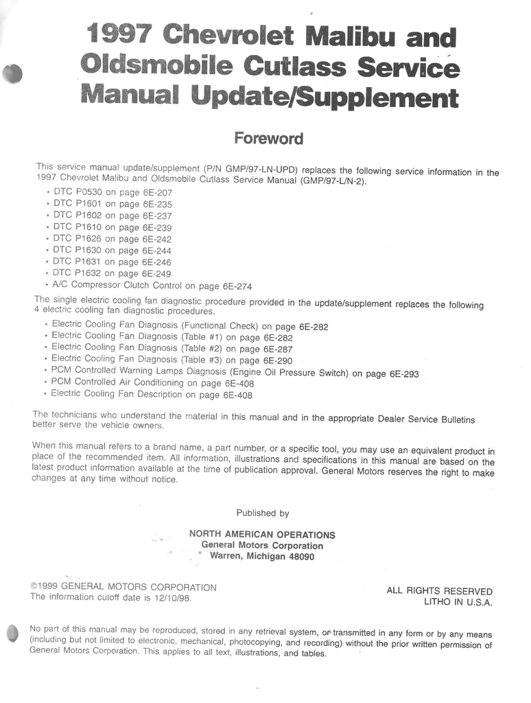 1997 Chevrolet Malibu Oldsmobile Cutlass L/N Shop Repair Maintenance Service Manual + Supplement 3 Vol. Set