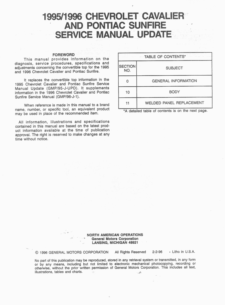 1996 Chevrolet Cavalier Pontiac Sunfire Shop Repair Maintenance Service Manual 3 Vol. Set