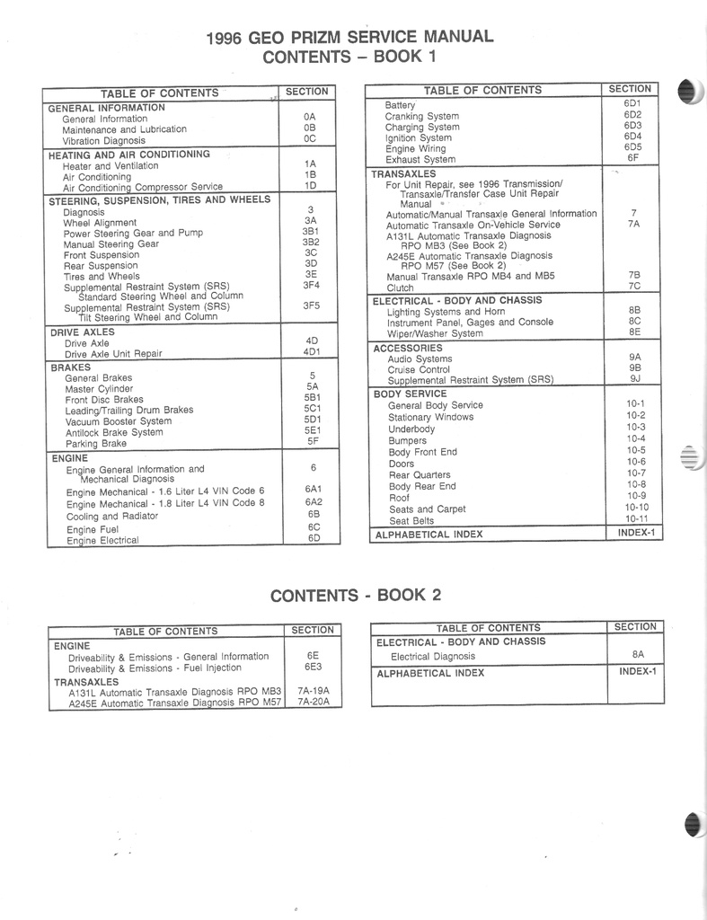 1996 Chevrolet Geo Prizm Shop Maintenance Repair Service Manual 2 Vol Set