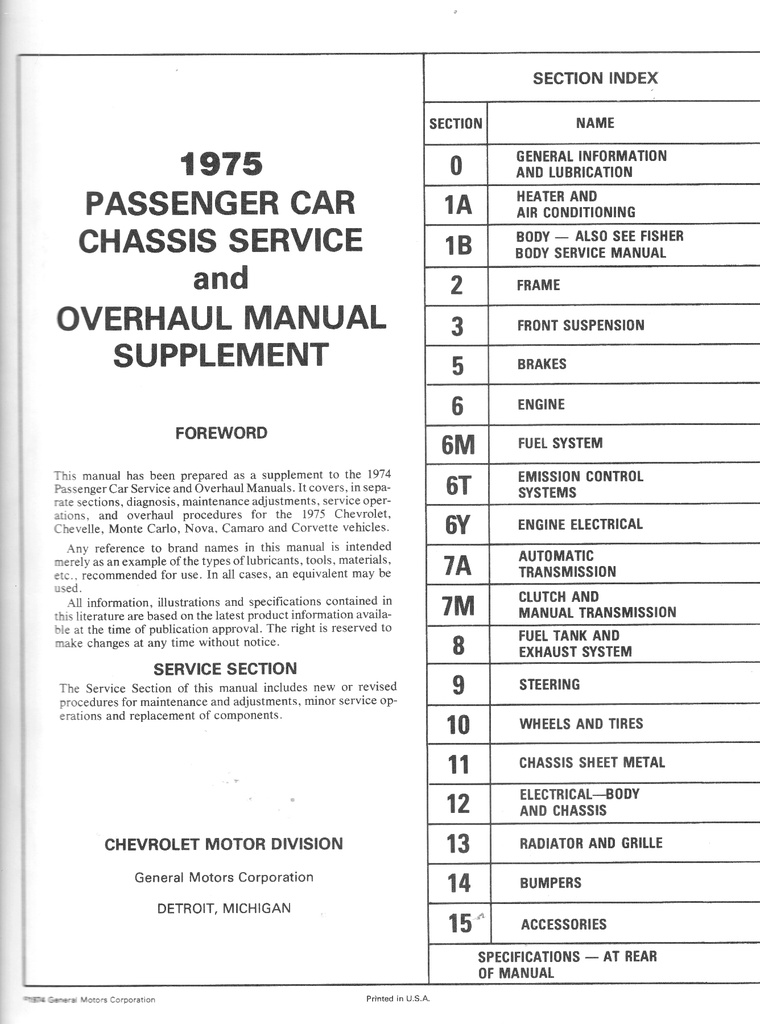 1975 Chevrolet Passenger Car Service and Overhaul Manual Supplement—Chevelle, Camaro, Monte Carlo, Nova, Corvette