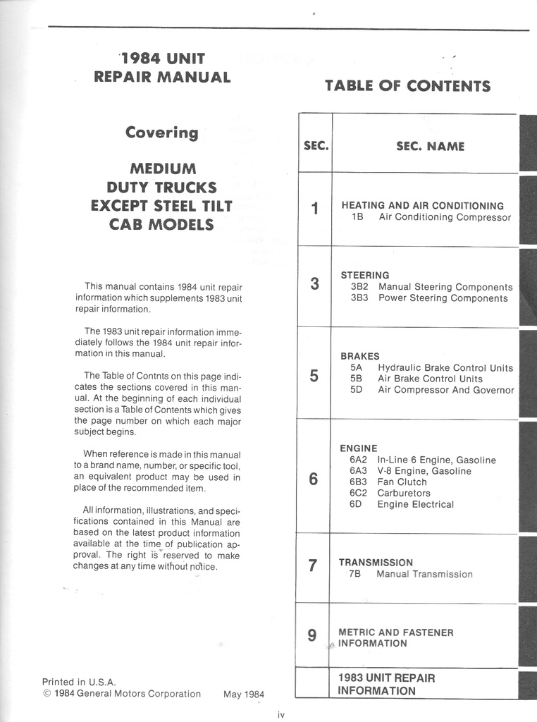 1984 Chevrolet Medium Duty Truck Unit Repair Manual