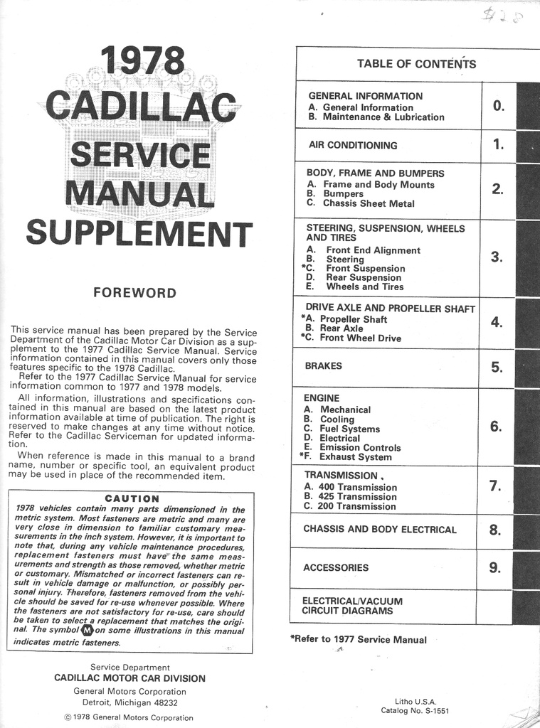 1978 Cadillac Shop Service Repair Manual Supplement