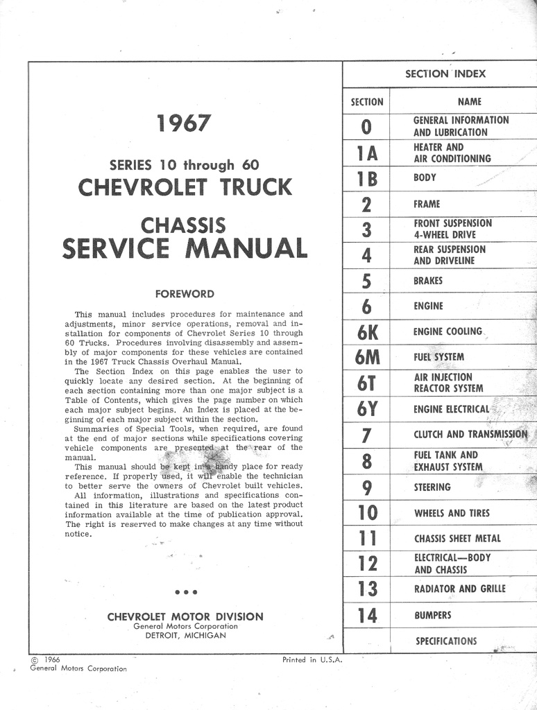 1967 Chevrolet C/K Truck Chassis Repair Maintenance Shop Service Manual Series 10-60 (Light-Duty and Medium-Duty Truck, C/K Pickup Truck, G-Van, Blazer, Suburban)