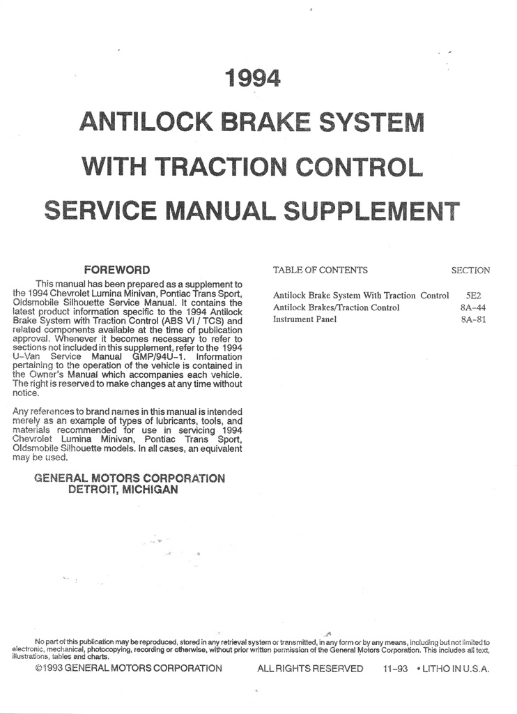 1994 Chevrolet Lumina Minivan Pontiac Trans Sport Oldsmobile Silhouette Shop Repair Maintenance Service Manual Complete 3 Vol. Set
