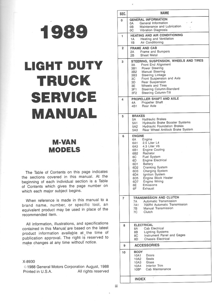 1989 GMC Safari M/L Van Service Shop Manual