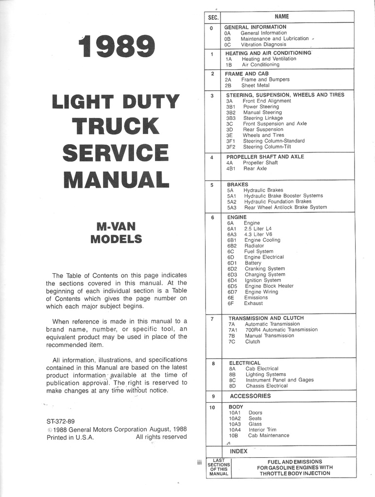 1989 Chevrolet Astro M/L Van Service Shop Manual